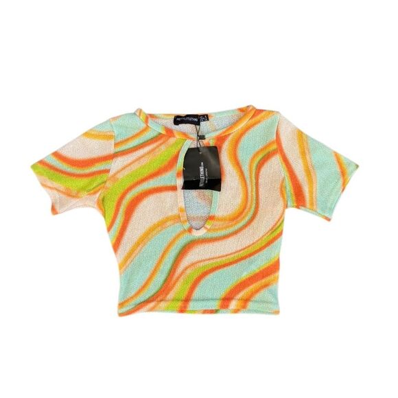 NWT PLT Lime Brushed Abstract Print Short Sleeve Cut Out Crop Top Size 2 XS - Picture 2 of 6